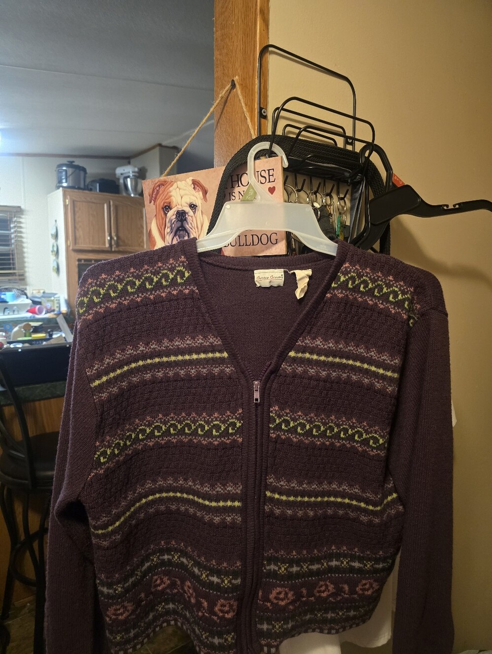 Bobbie Brooks Purple Zip-Front Sweater Cardigan with Green & Pink Accents